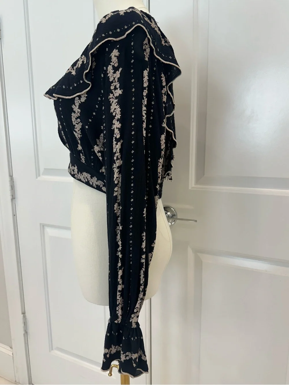 Free People Lolita Navy and Cream Patterned Detail Cropped Boho Style -Top Only